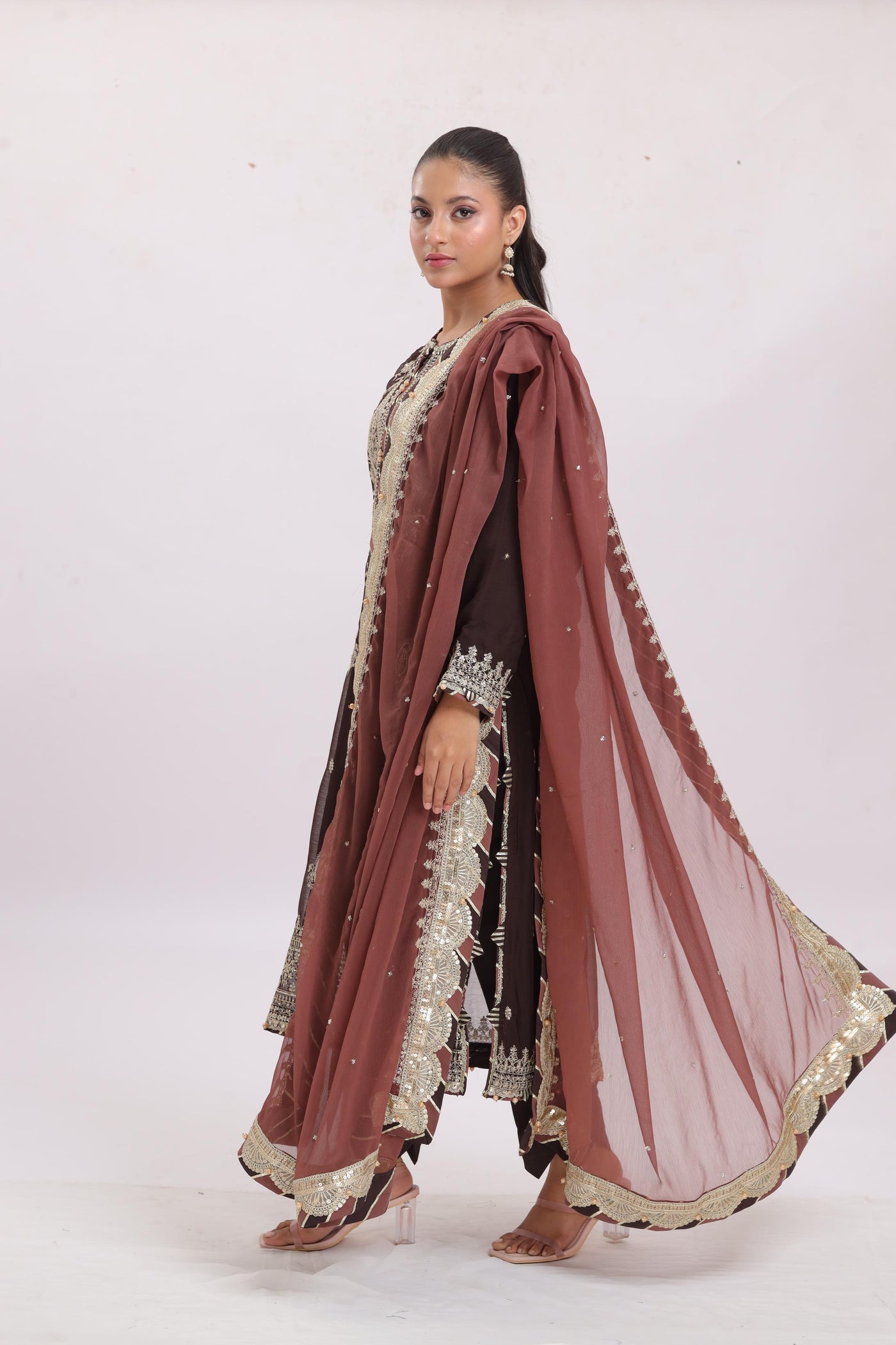 Chiffon Brown Stitched Suit - Asim Jofa