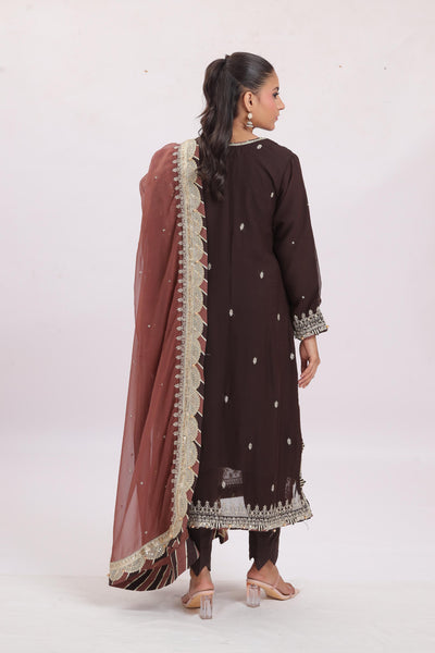 Chiffon Brown Stitched Suit - Asim Jofa