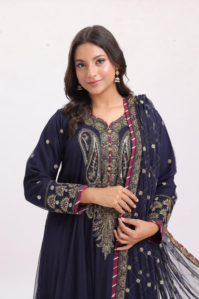 Embroidered Net Navy Blue Stitched Suit - Asim Jofa