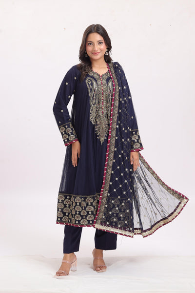 Embroidered Net Navy Blue Stitched Suit - Asim Jofa