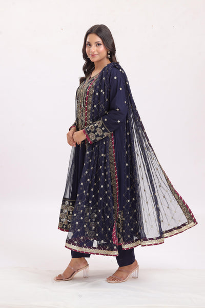 Embroidered Net Navy Blue Stitched Suit - Asim Jofa