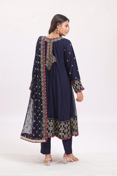 Embroidered Net Navy Blue Stitched Suit - Asim Jofa