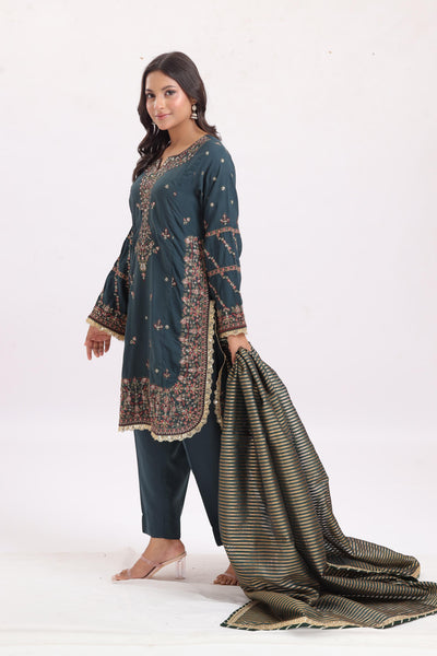 Chiffon Green Stitched Suit - Asim Jofa