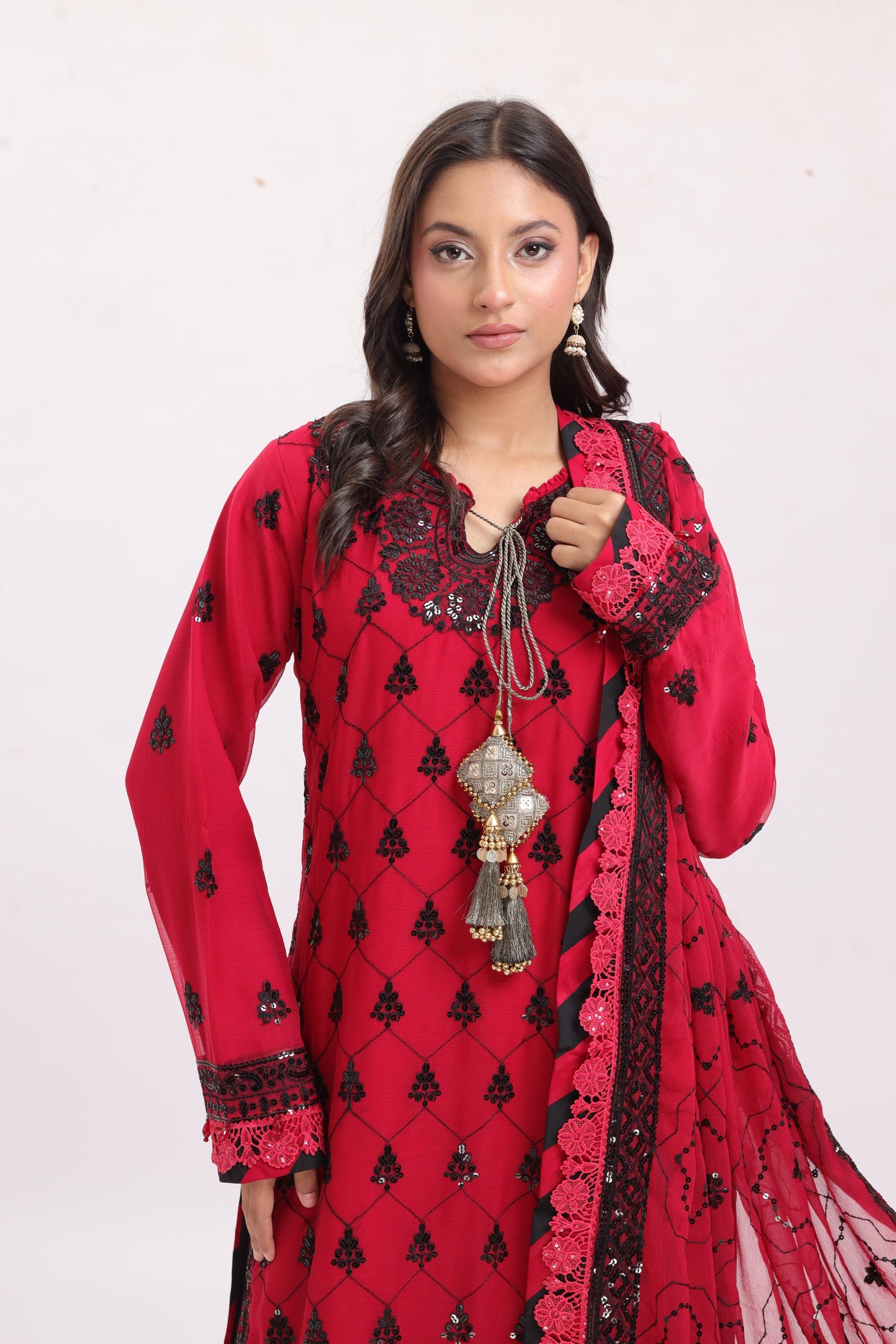 Embroidered Chiffon Red Stitched Suit - Asim Jofa