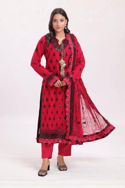 Embroidered Chiffon Red Stitched Suit - Asim Jofa