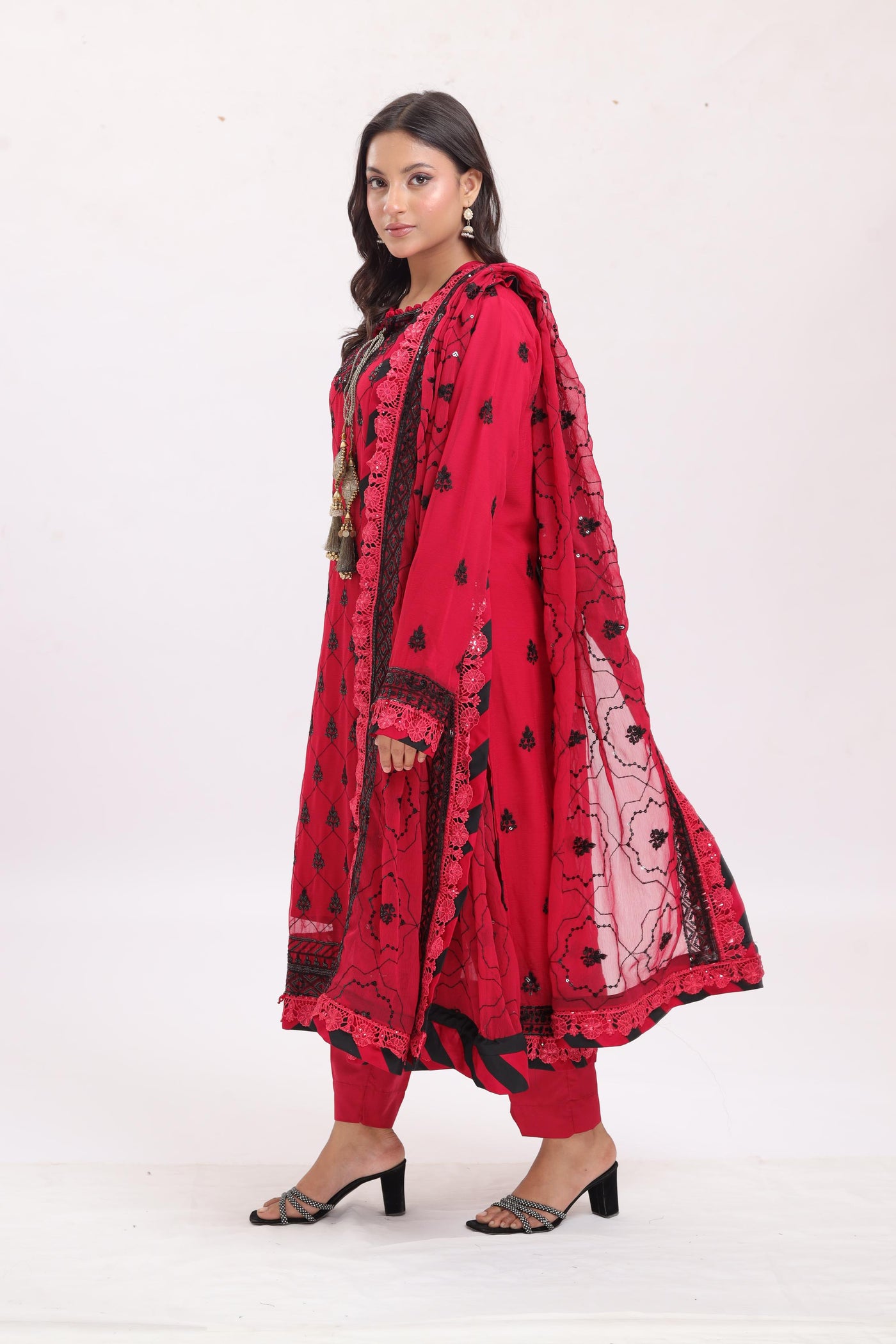 Embroidered Chiffon Red Stitched Suit - Asim Jofa