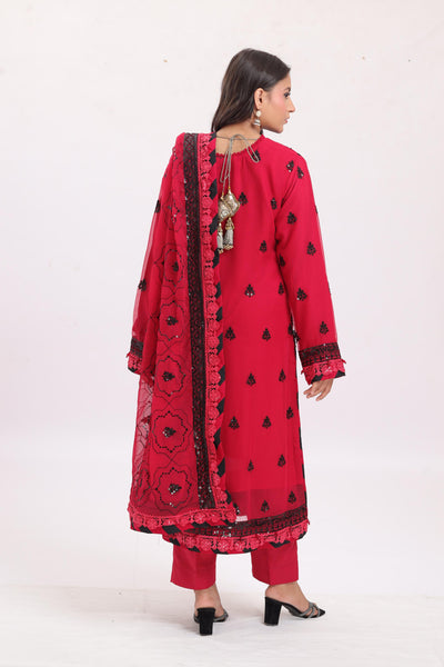 Embroidered Chiffon Red Stitched Suit - Asim Jofa