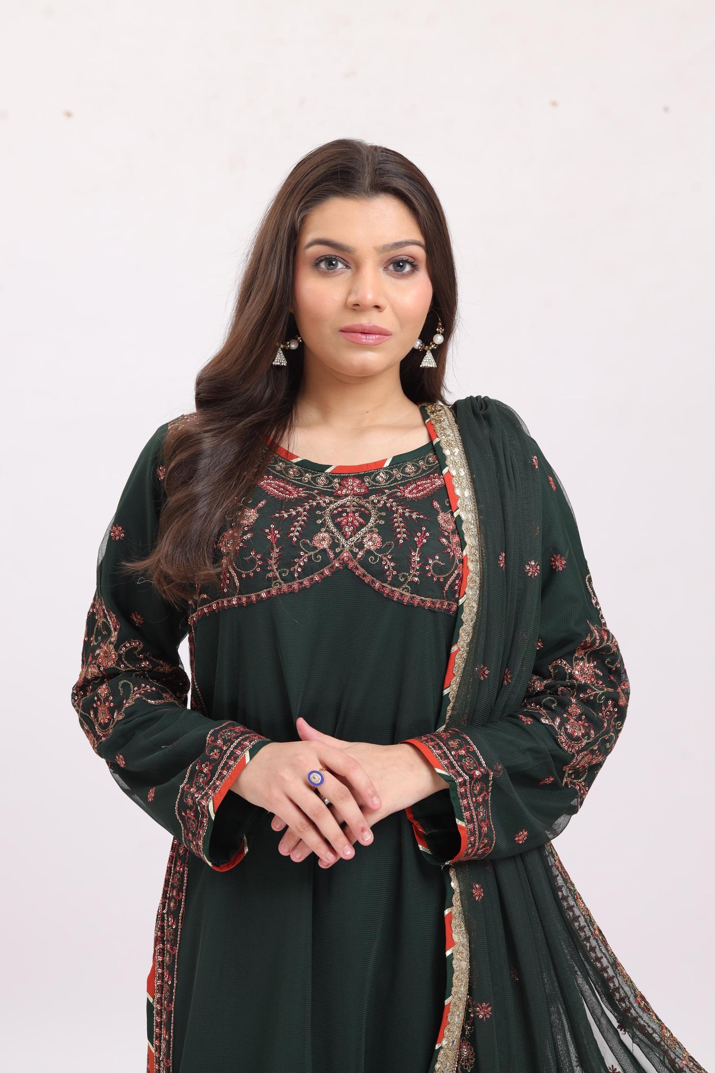 Embroidered Net Green Stitched Suit - Asim Jofa