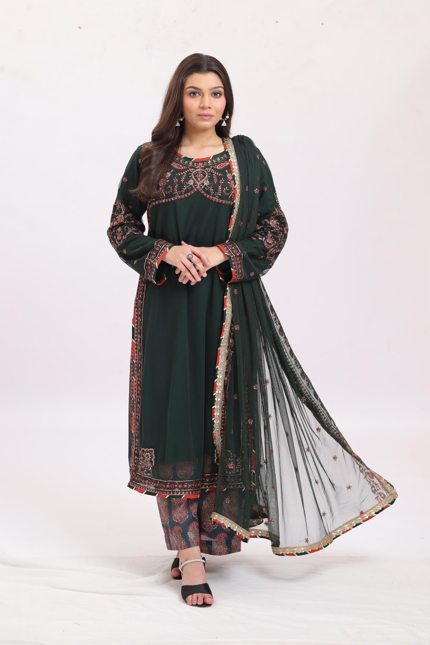 Embroidered Net Green Stitched Suit - Asim Jofa