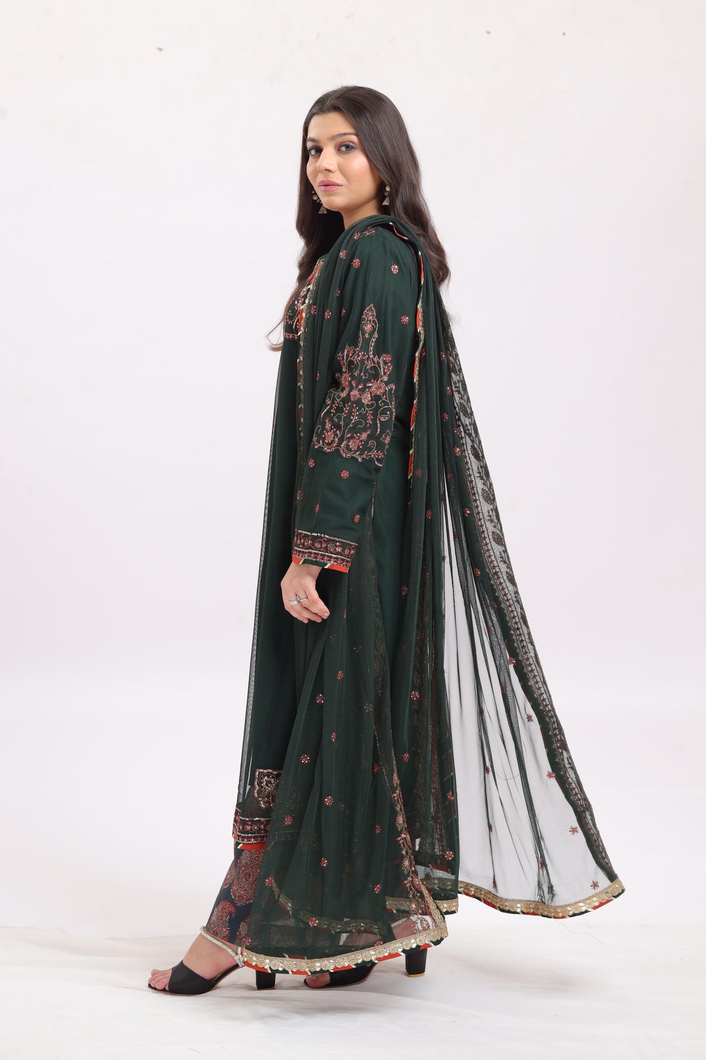 Embroidered Net Green Stitched Suit - Asim Jofa