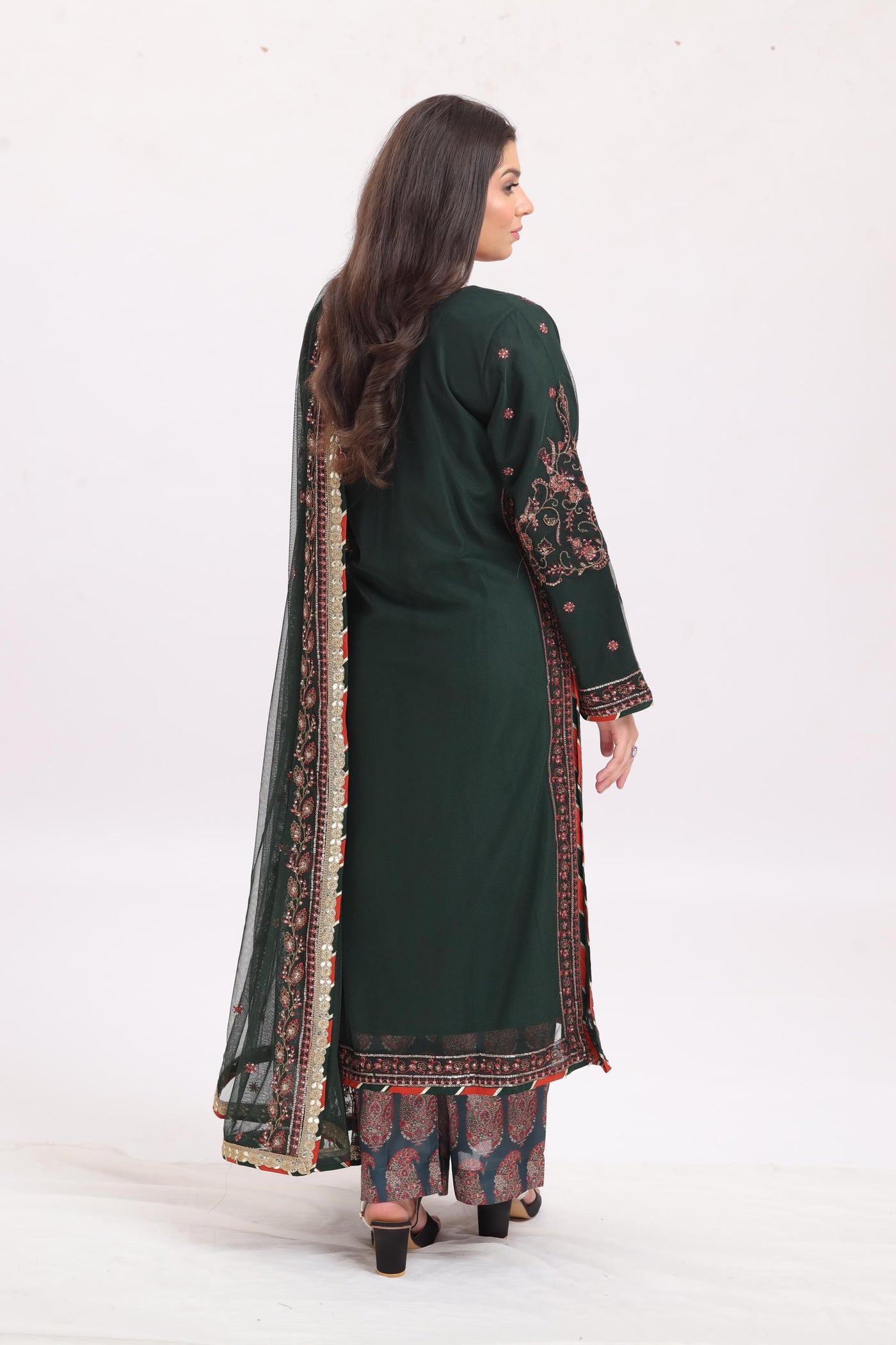 Embroidered Net Green Stitched Suit - Asim Jofa