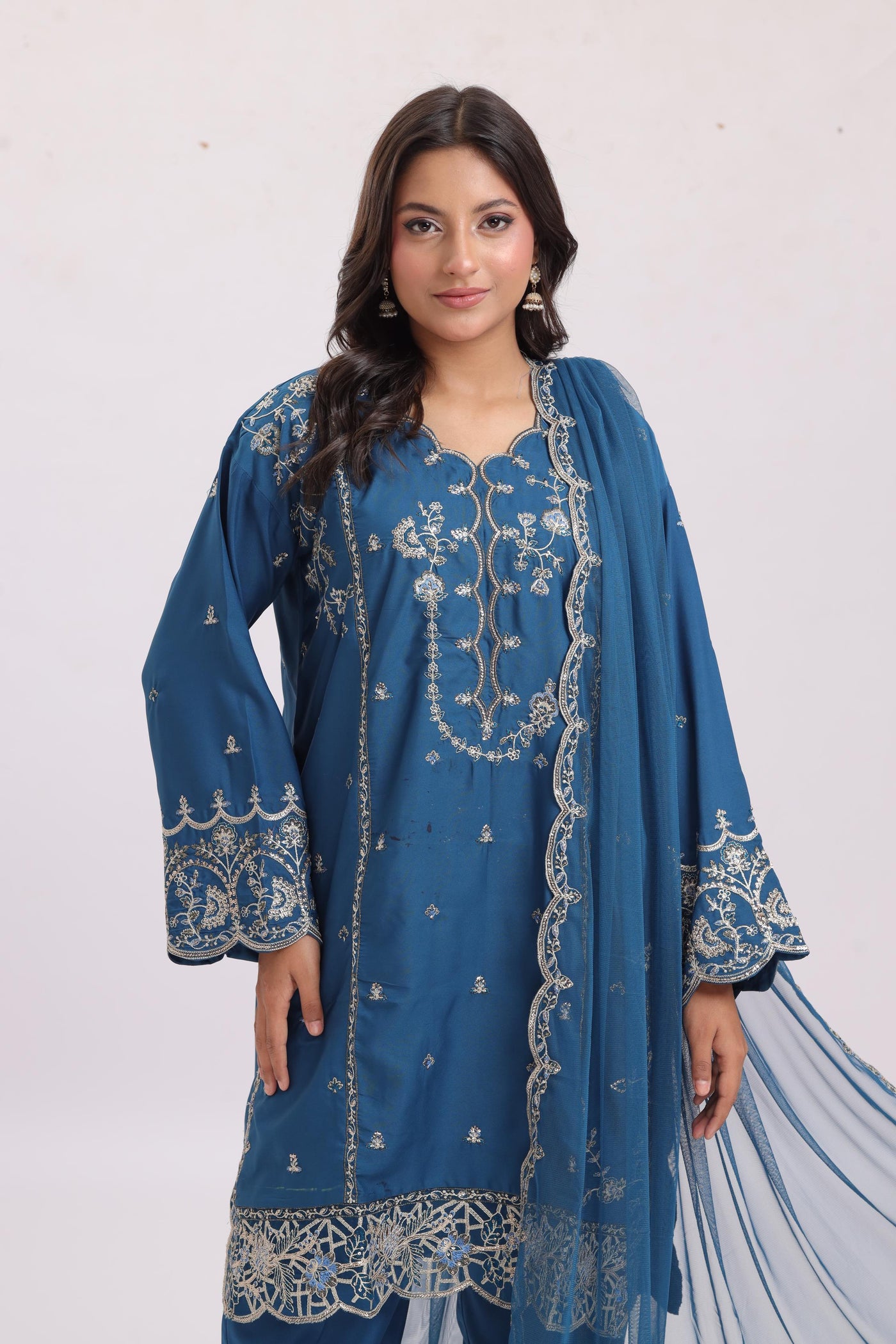 Embroidered Silk Blue Stitched Suit - Asim Jofa