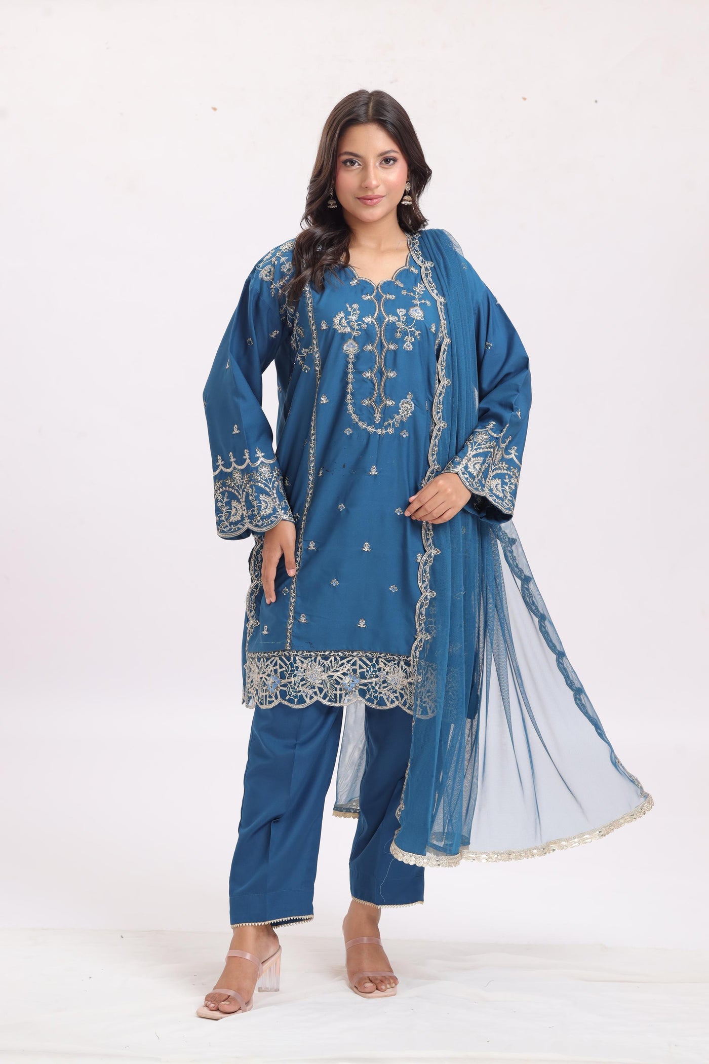 Embroidered Silk Blue Stitched Suit - Asim Jofa