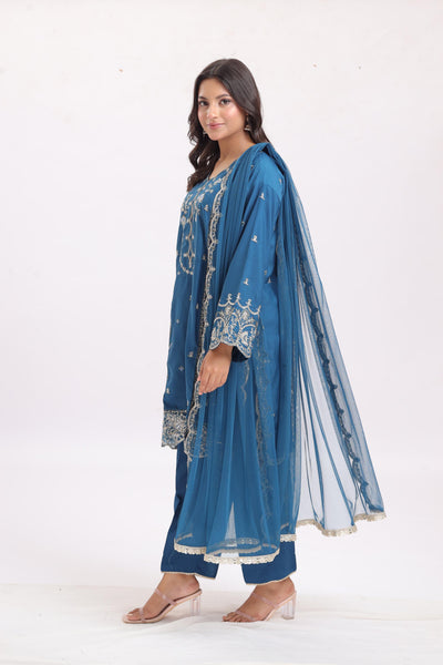 Embroidered Silk Blue Stitched Suit - Asim Jofa