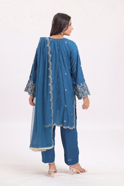 Embroidered Silk Blue Stitched Suit - Asim Jofa