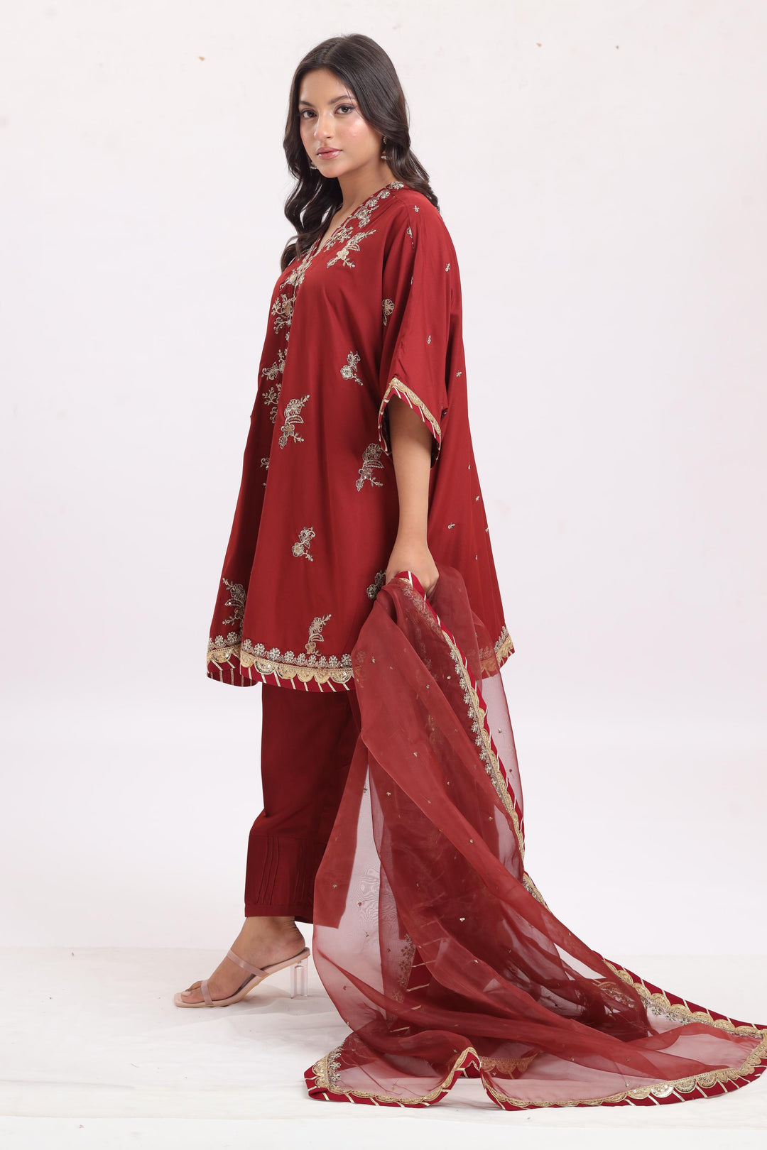 Embroidered Silk Rust Stitched Suit - Asim Jofa