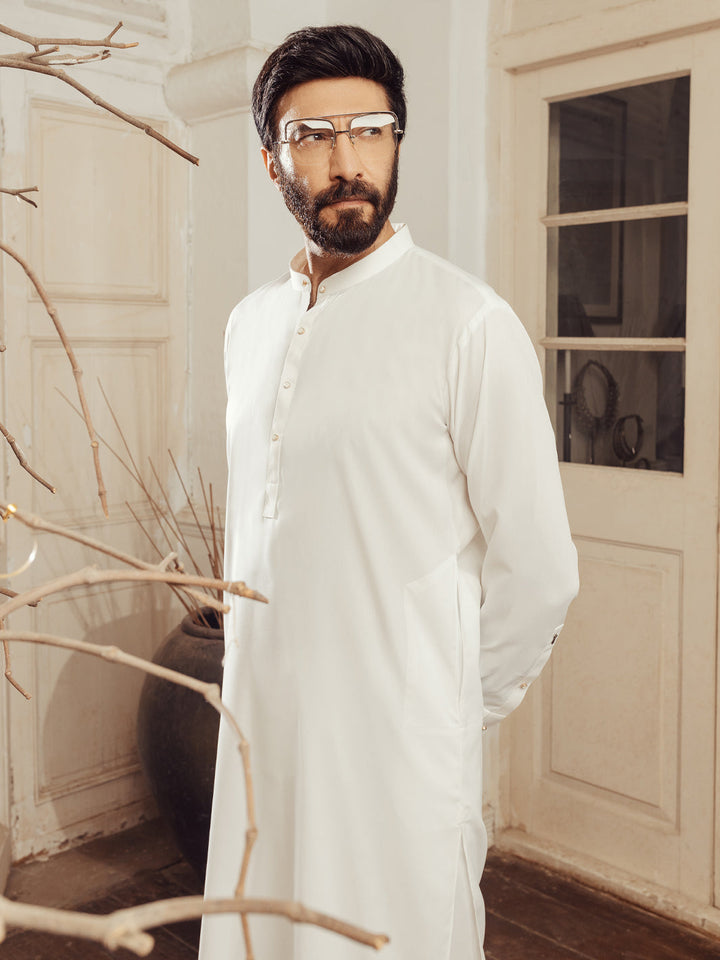 Blended White Shalwar Kameez - Almirah