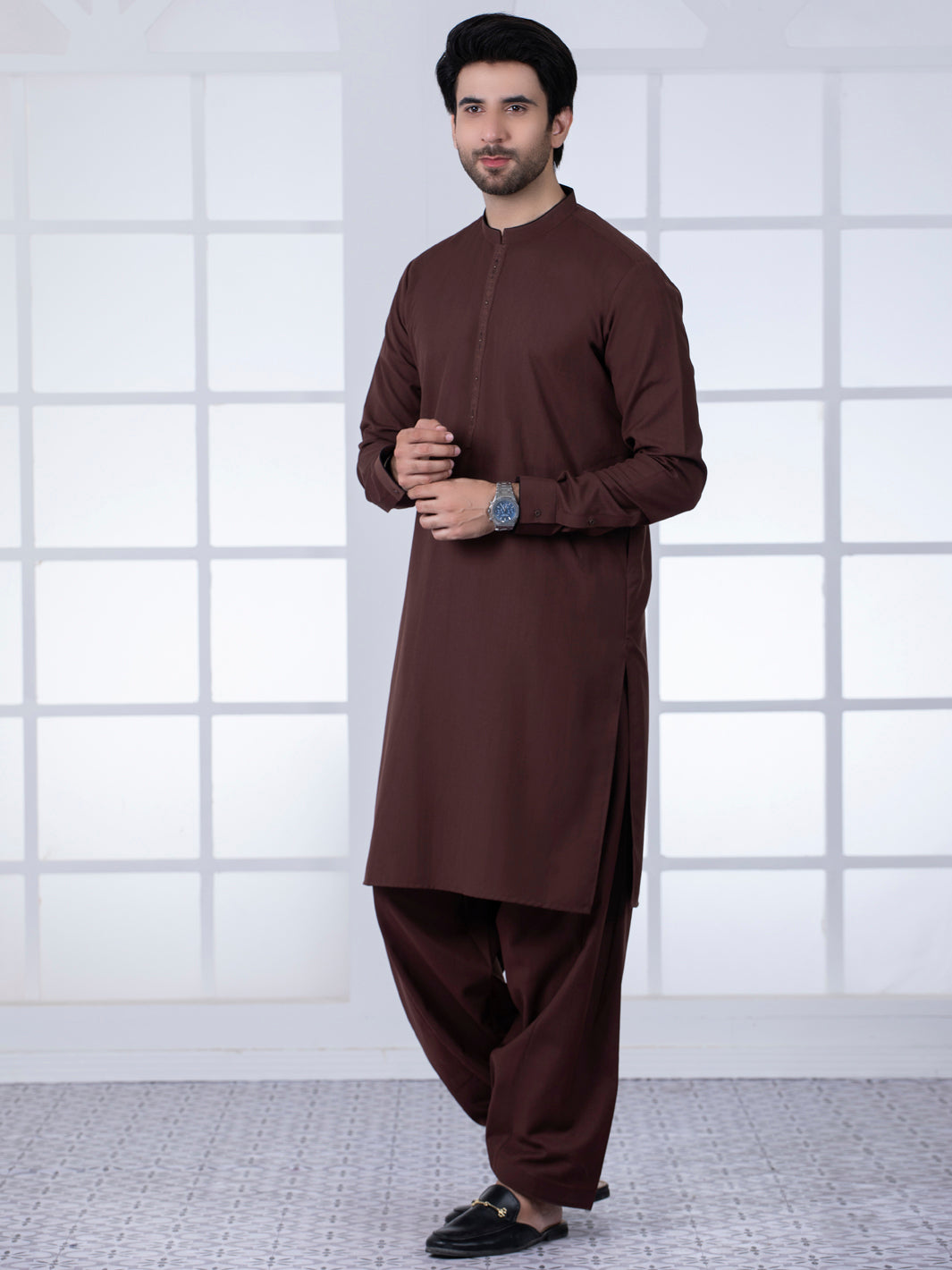 Polyester Viscose Brown Shalwar Kameez - Almirah