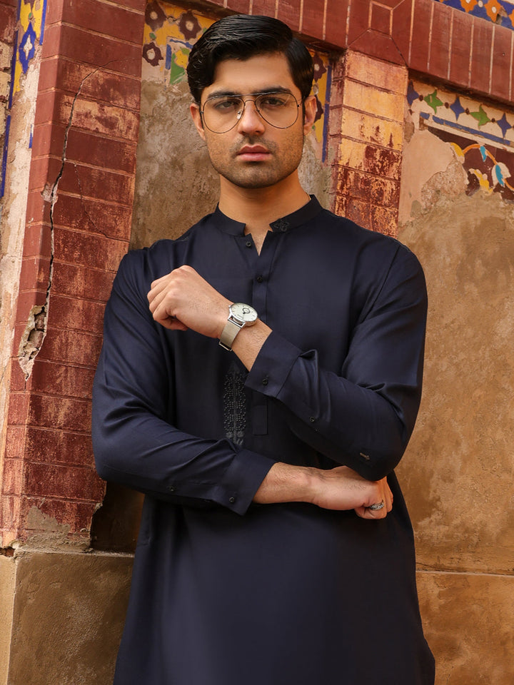 Polyester Navy Blue Shalwar Kameez - Almirah