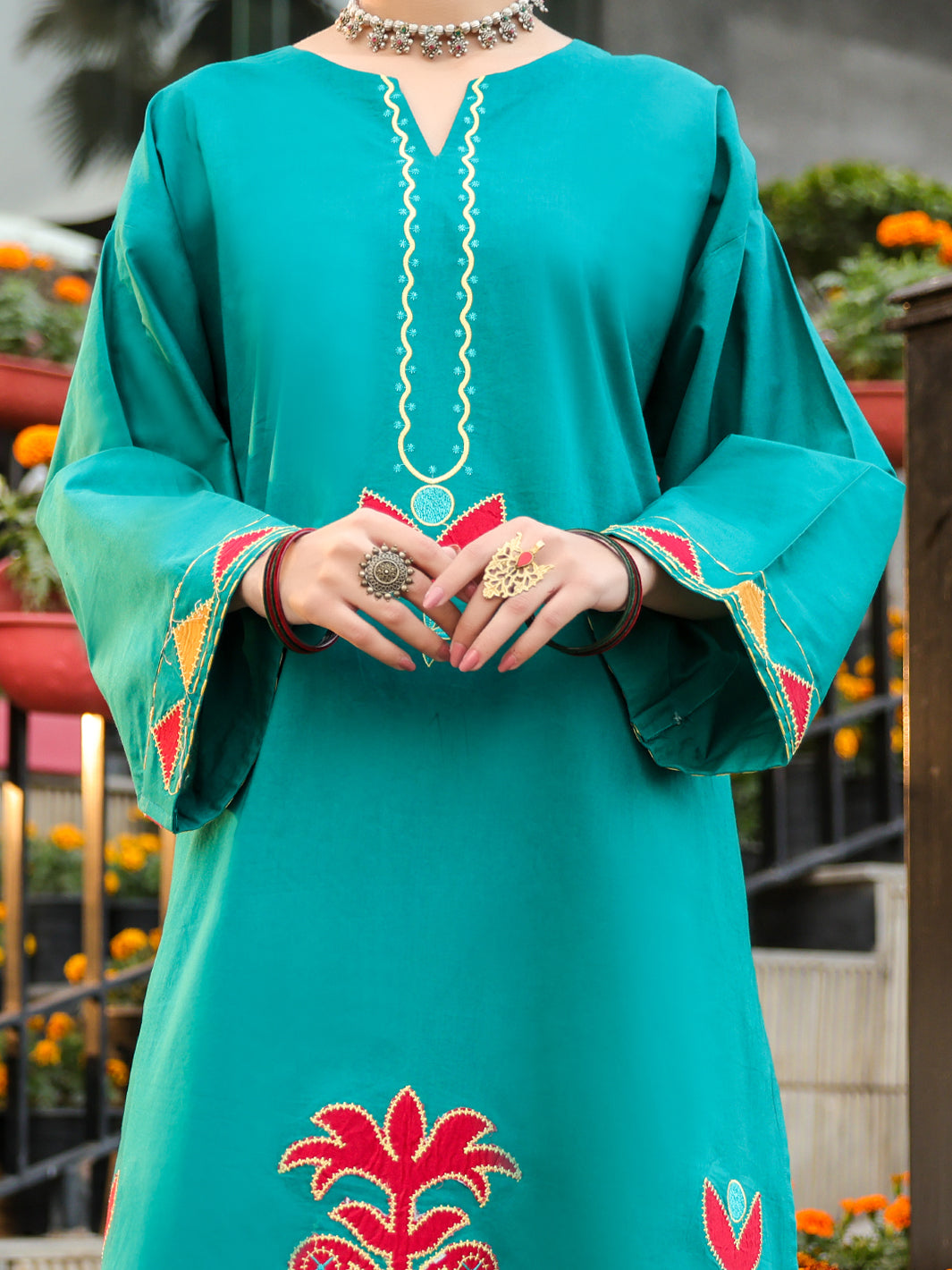 Lawn Teal Trouser - J. Junaid Jamshed