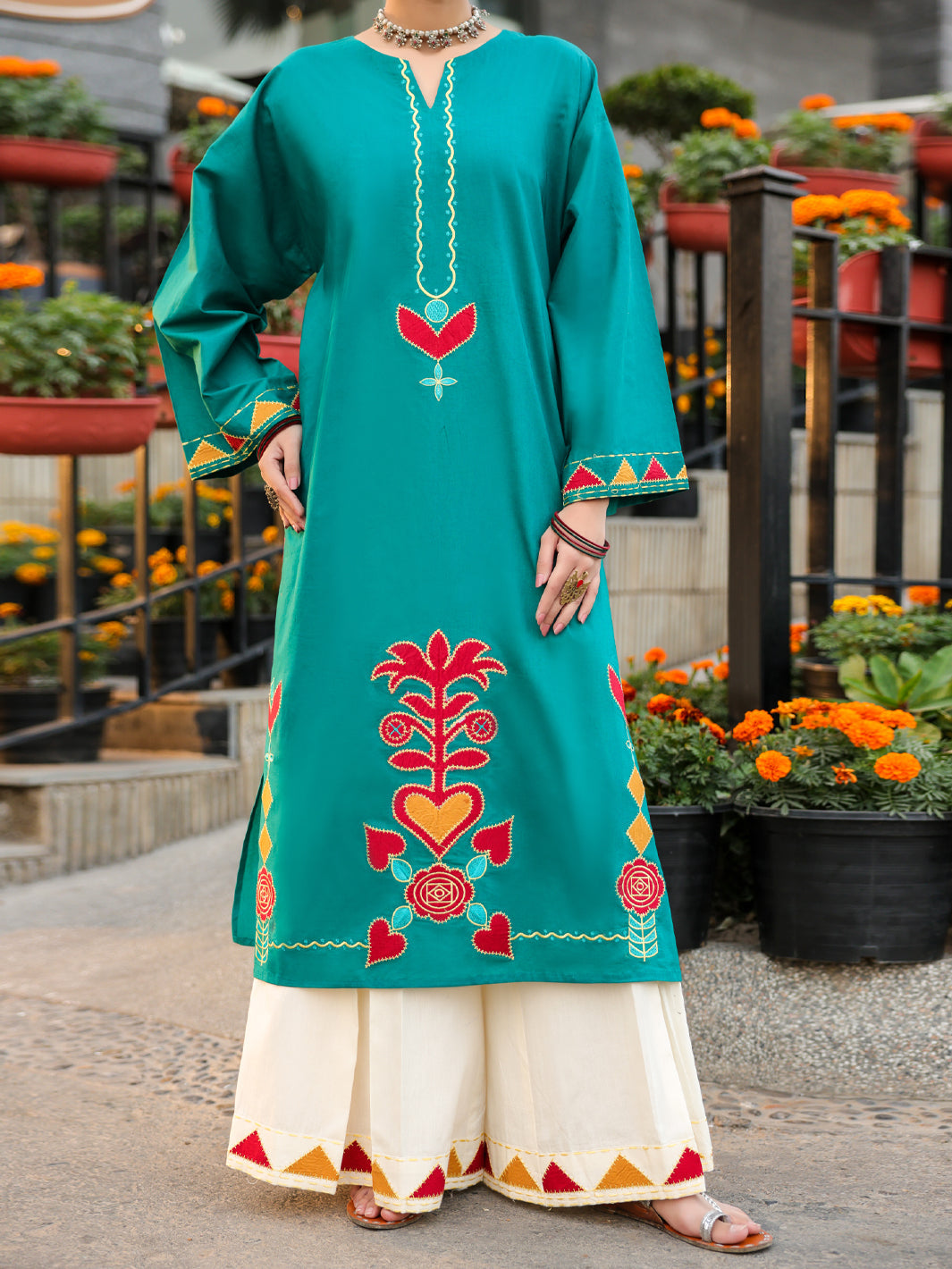 Lawn Teal Trouser - J. Junaid Jamshed