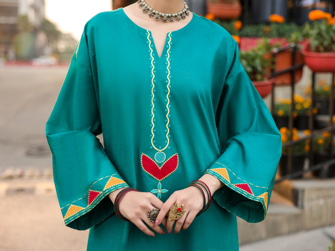 Lawn Teal Trouser - J. Junaid Jamshed