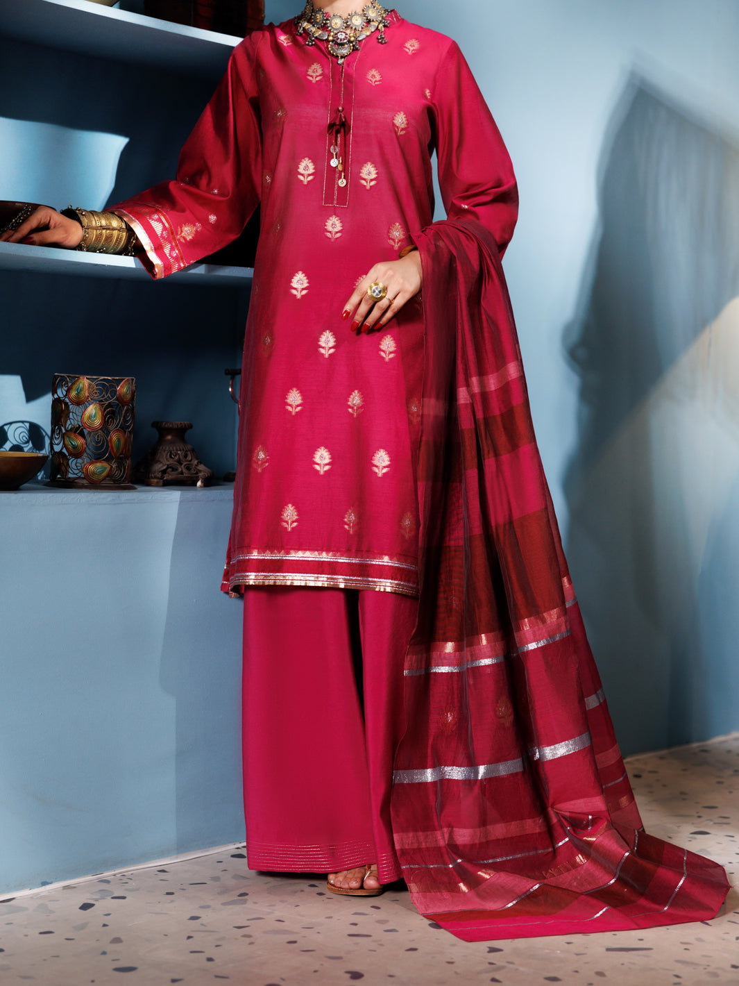 Yarn Dyed Pink Unstitched Suit - Almirah