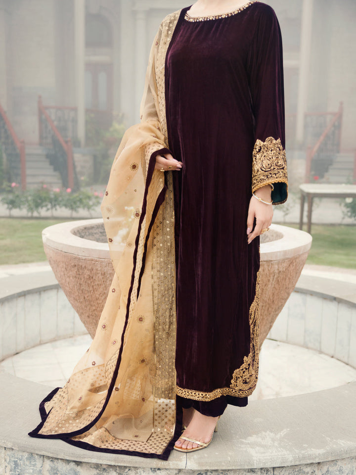 Velvet Maroon Stitched Suit - Almirah