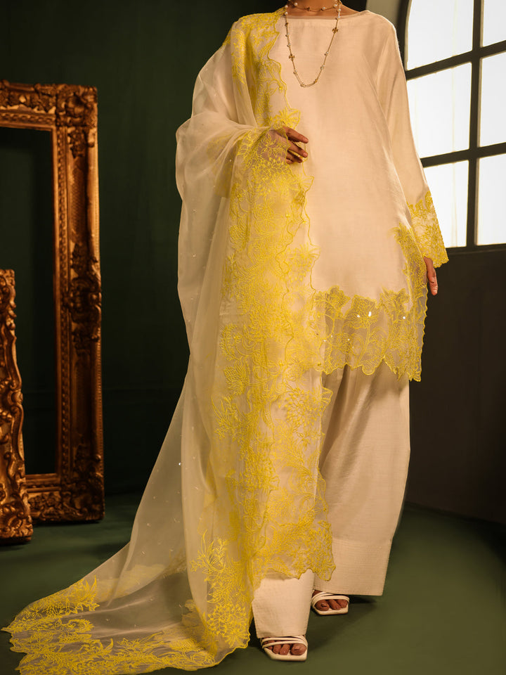 Raw Silk White Stitched Suit - Almirah
