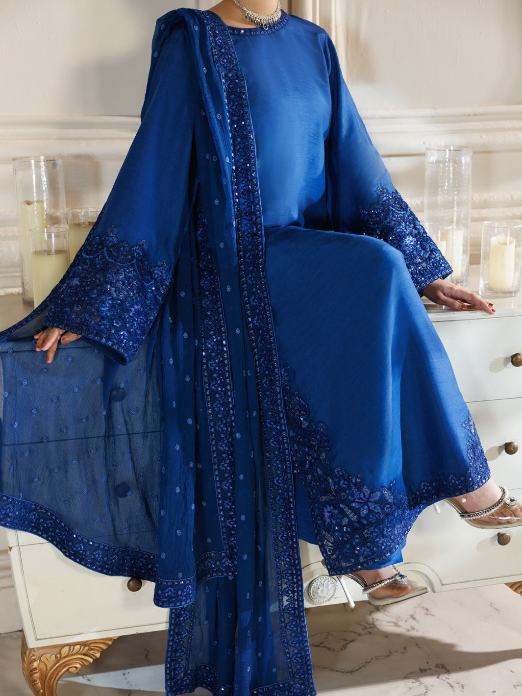 Raw Silk Royal Blue Stitched Suit - J. Junaid Jamshed
