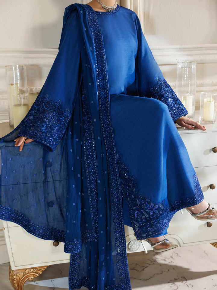 Raw Silk Royal Blue Stitched Suit - J. Junaid Jamshed