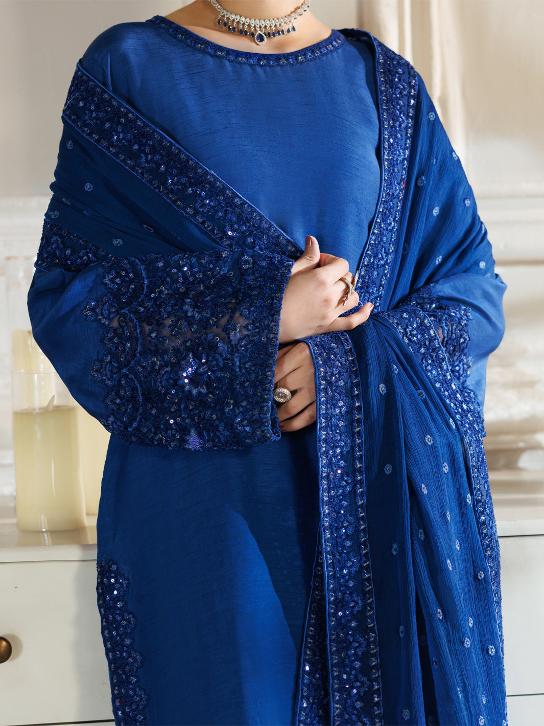 Raw Silk Royal Blue Stitched Suit - J. Junaid Jamshed