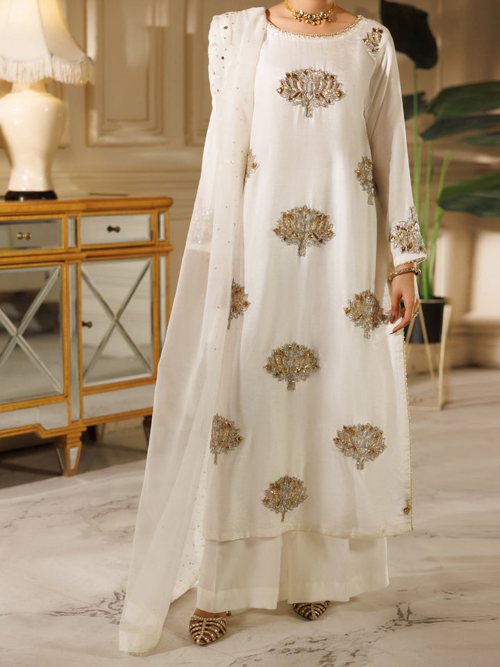 Raw Silk White Stitched Suit - J. Junaid Jamshed