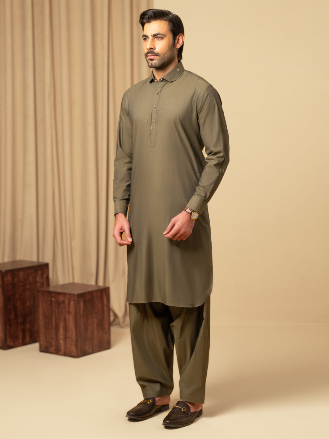Cotton Olive Green Shalwar Kameez - Almirah