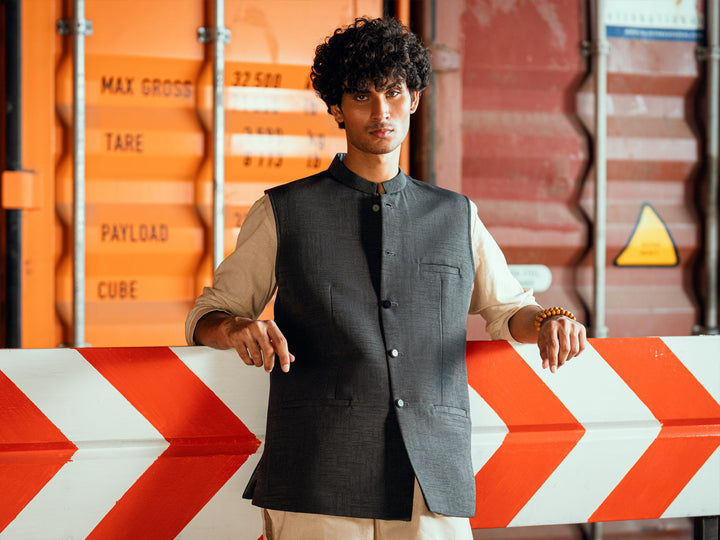 Polyester Charcoal Grey Waist Coat - Almirah