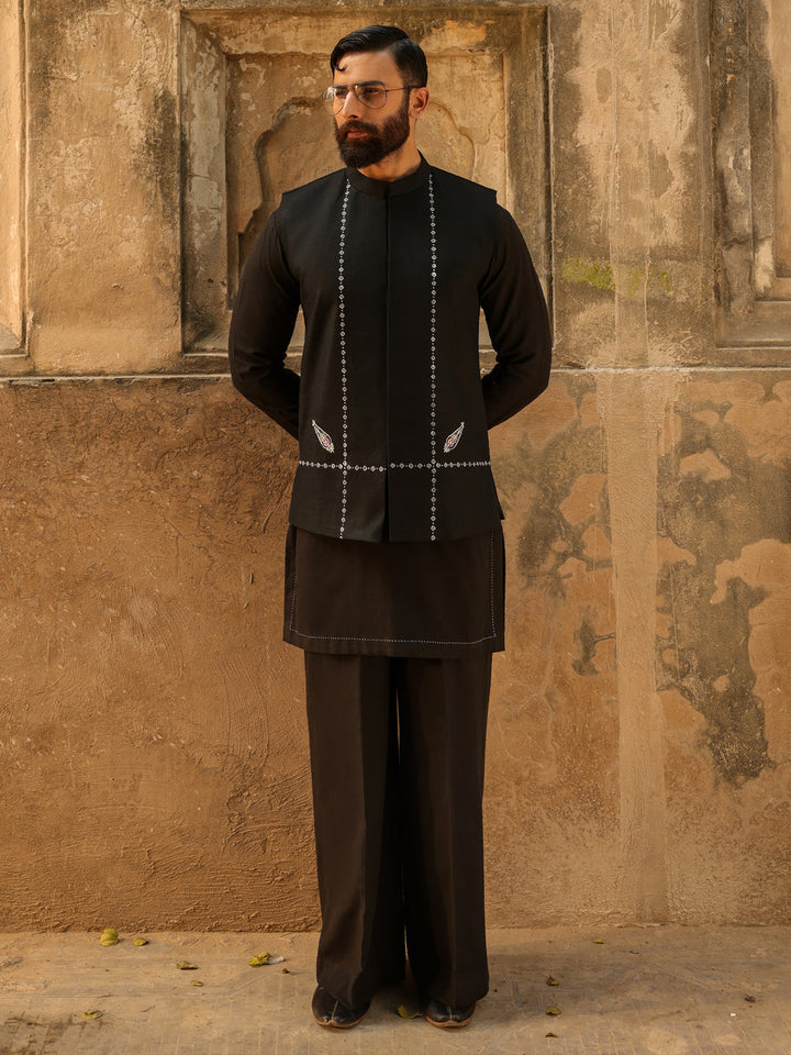 Cotton Black Waist Coat - Almirah