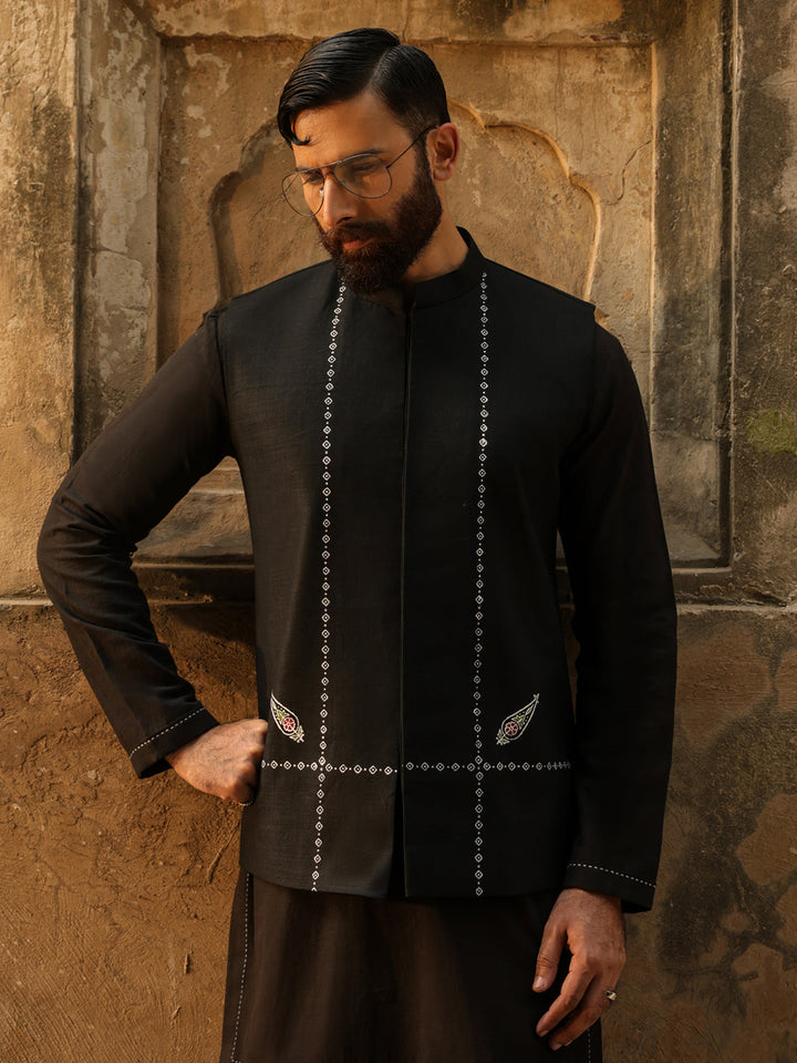 Cotton Black Waist Coat - Almirah