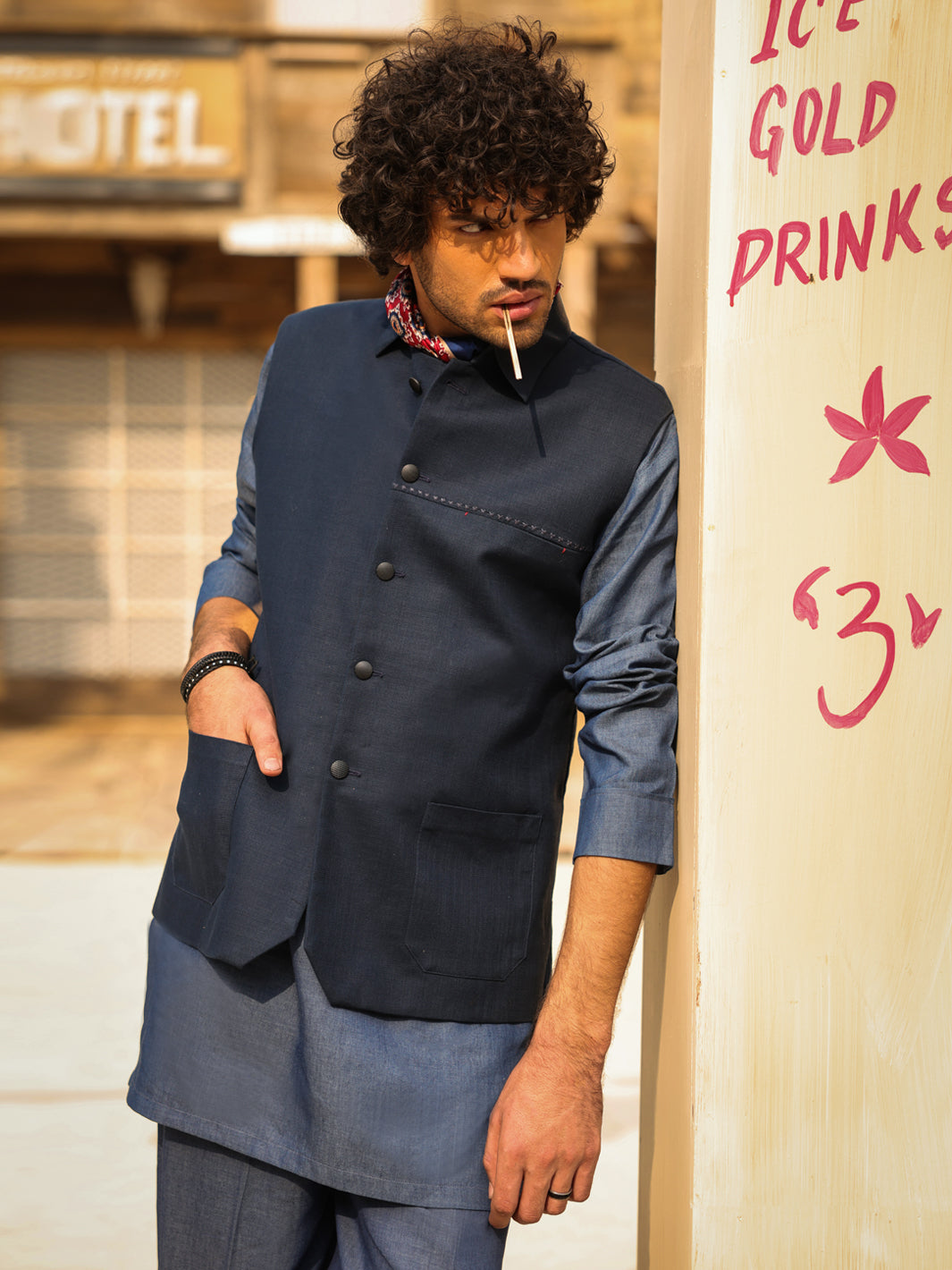 Cotton Dark Blue Waist Coat - Almirah