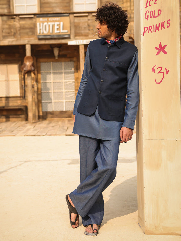 Cotton Dark Blue Waist Coat - Almirah