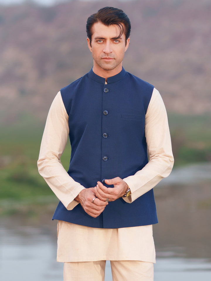 Cotton Blue Waist Coat - Almirah