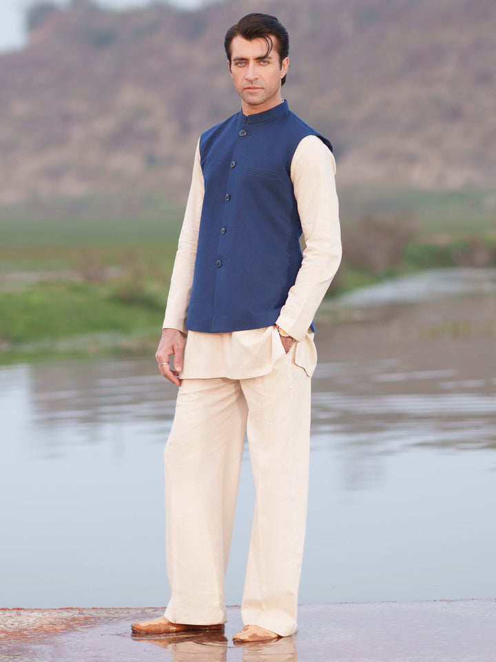 Cotton Blue Waist Coat - Almirah