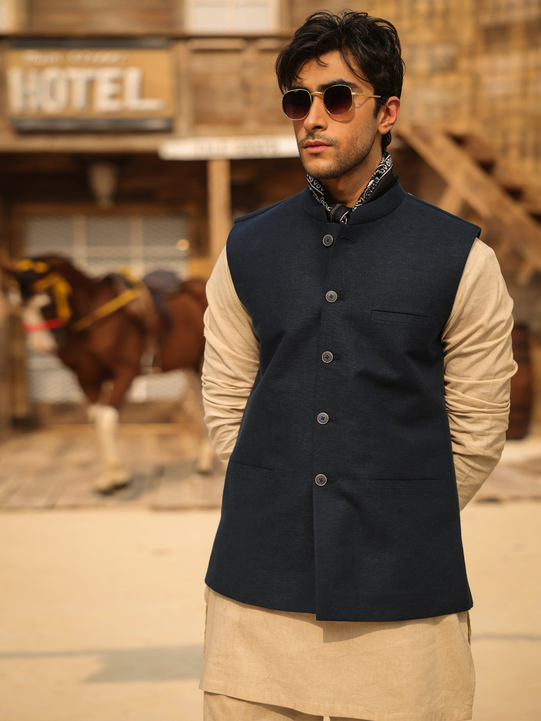 Blended Navy Blue Waist Coat - Almirah