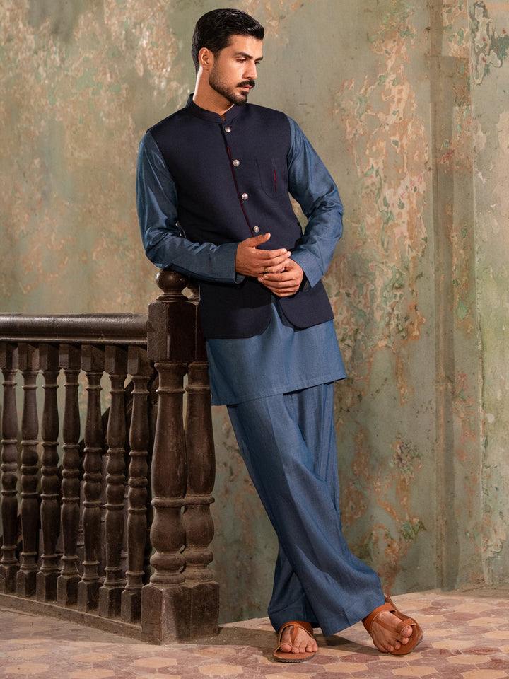 Blended Midnight Blue Waist Coat - Almirah