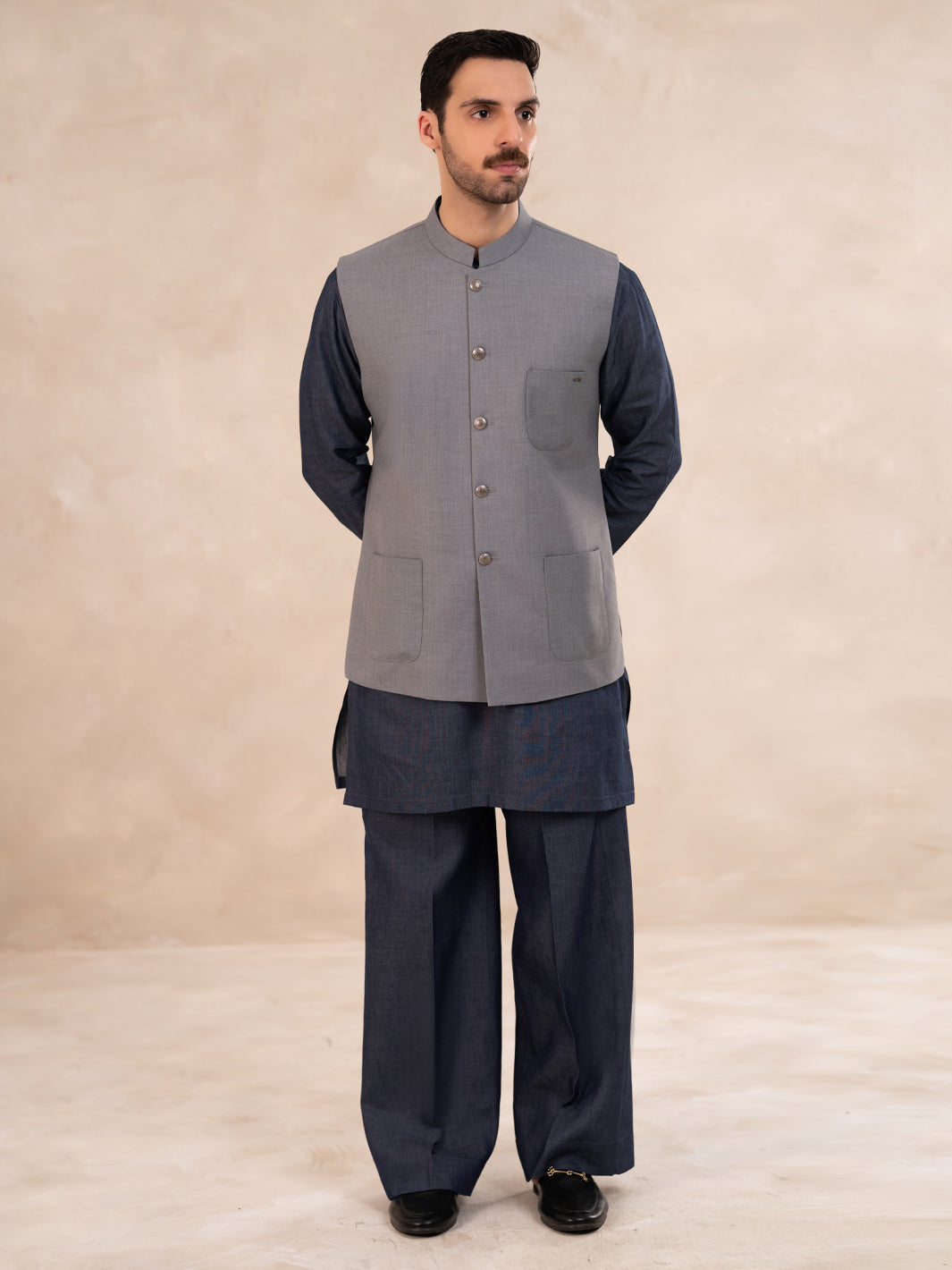 Taflon Rayon Light Grey Waist Coat - J. Junaid Jamshed