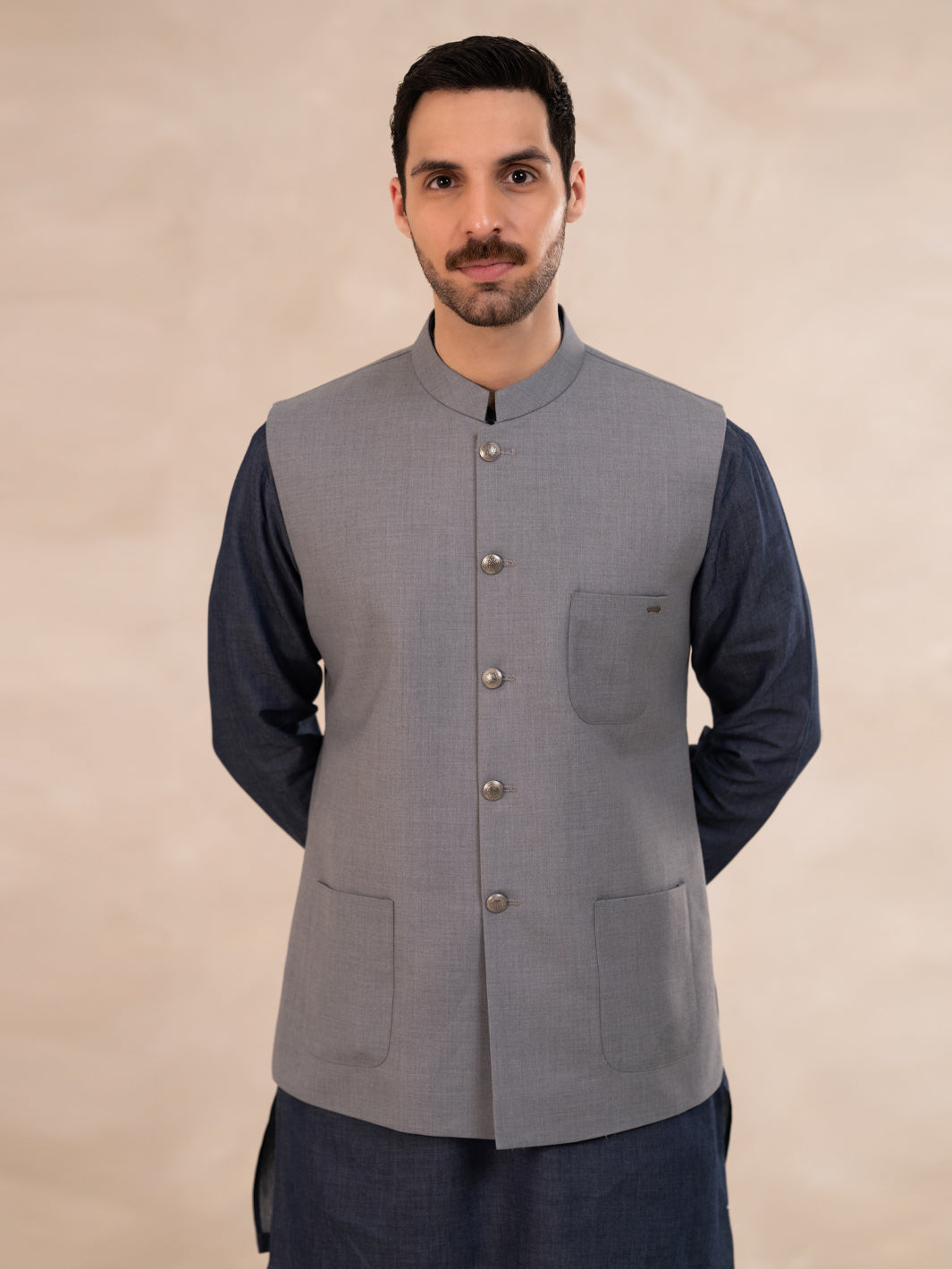 Taflon Rayon Light Grey Waist Coat - J. Junaid Jamshed