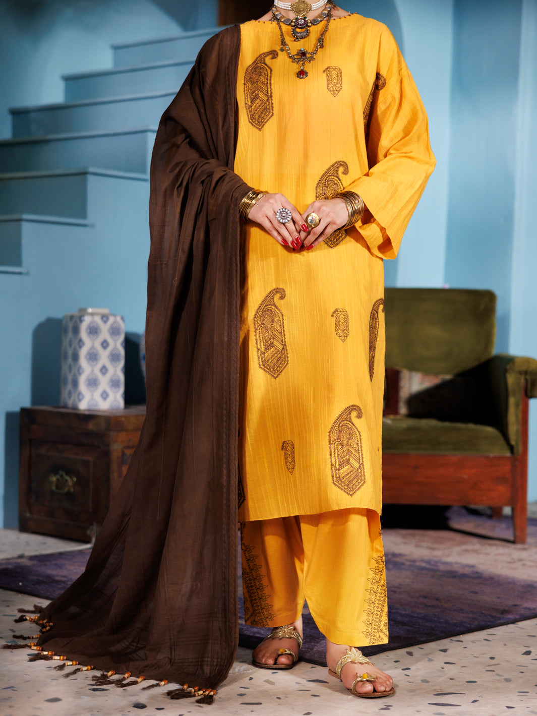 Lino Kara Mustard Unstitched Suit - Almirah