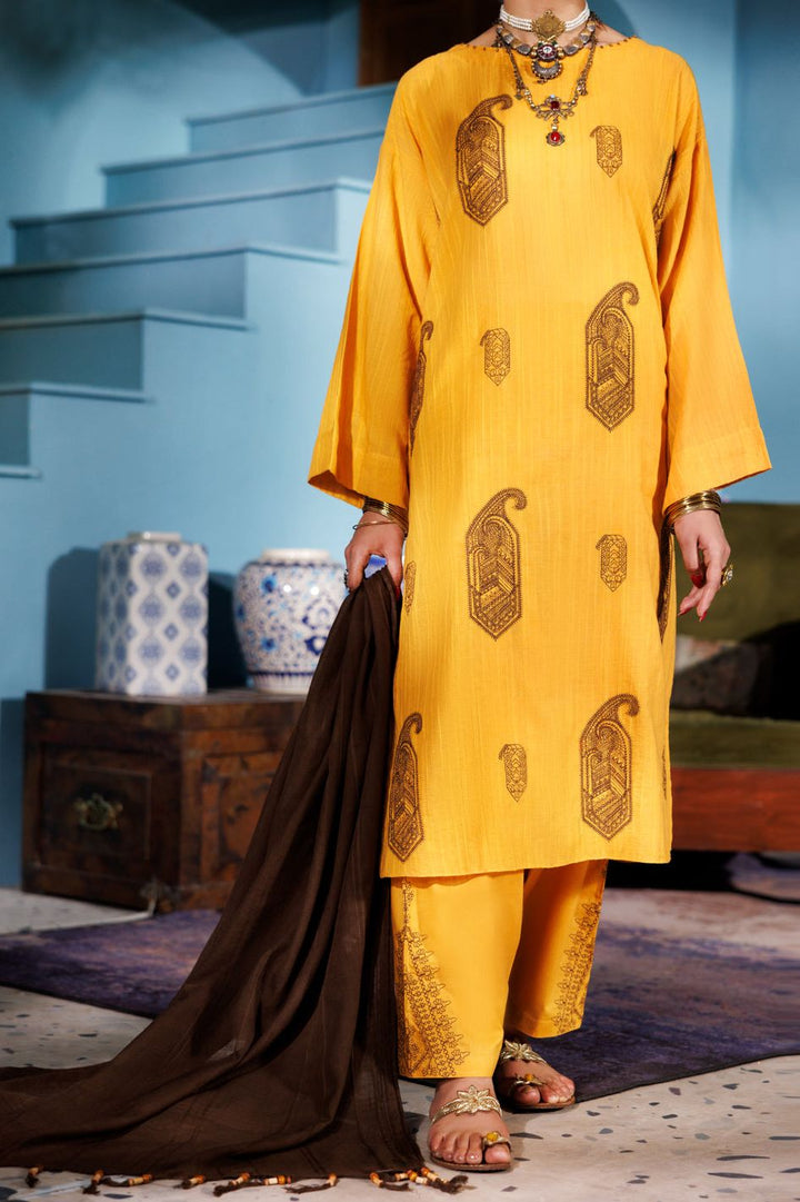 Lino Kara Mustard Stitched Suit - Almirah