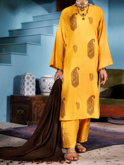 Lino Kara Mustard Stitched Suit - Almirah