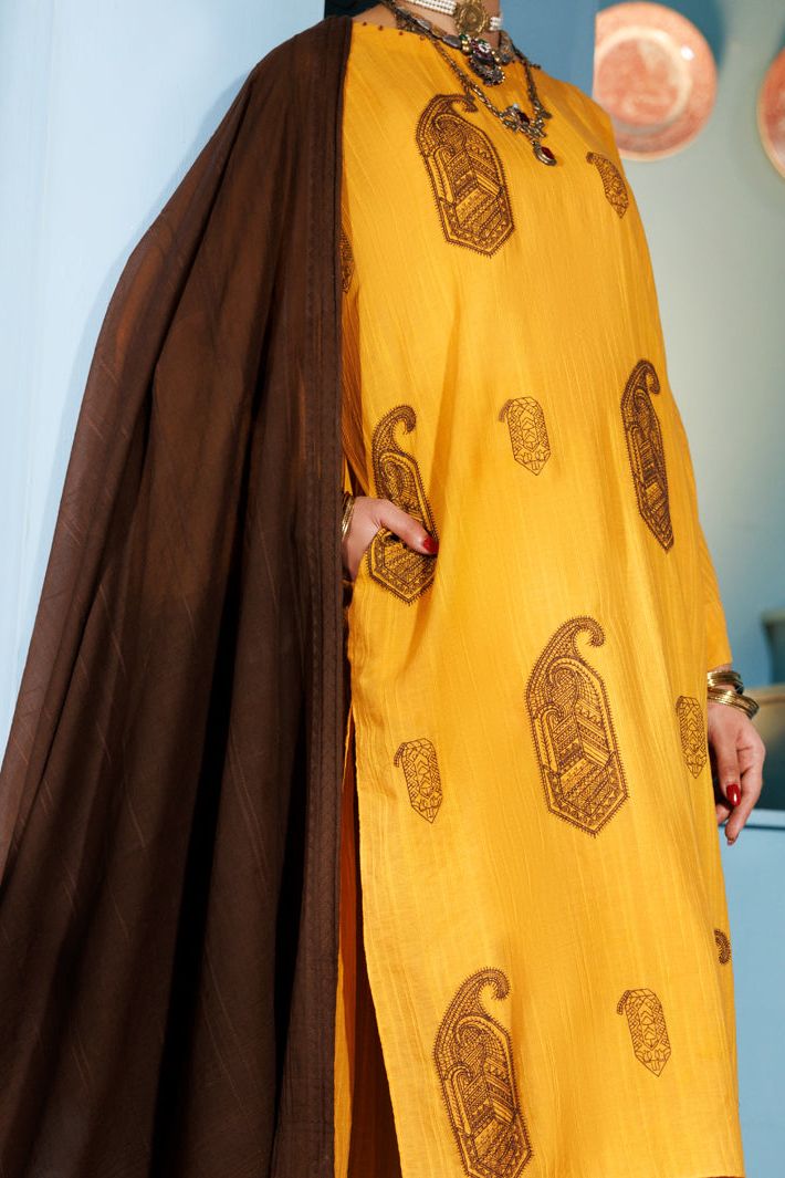 Lino Kara Mustard Stitched Suit - Almirah