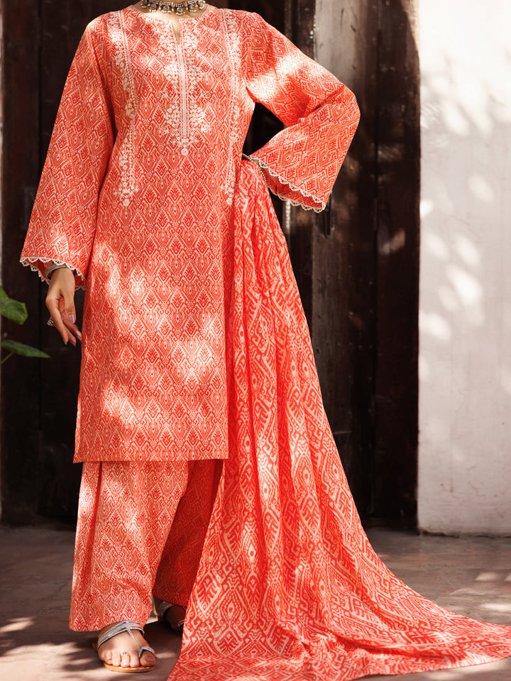 Lawn Red White Stitched Suit - J. Junaid Jamshed